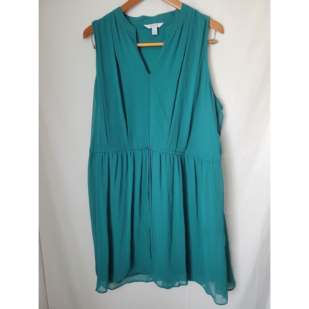 Nine West Women's XL Teal Sleeveless Pleated V-Neck Blouse Top Drawstring Waist